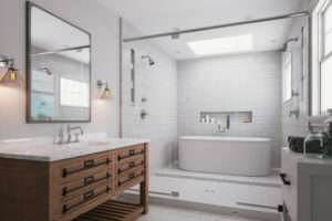 Interior of a modern luxurious bathroom with white marble.